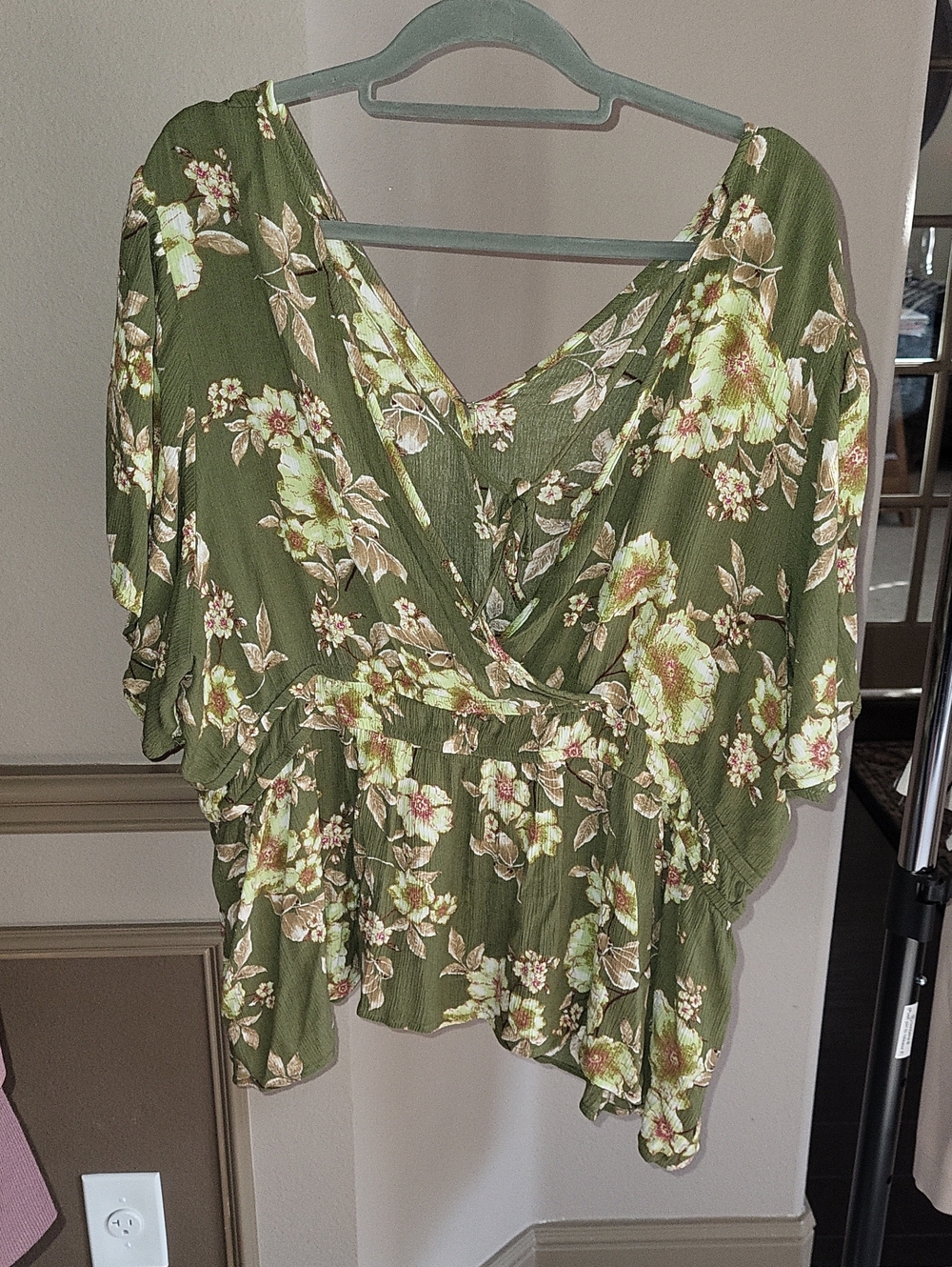 Source Unknown Olive Green Floral Wrap Blouse